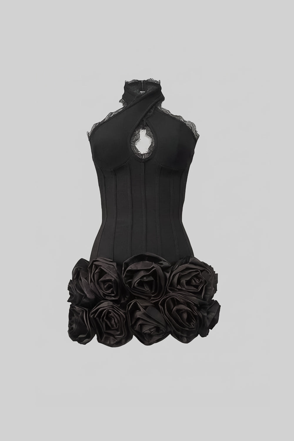 Halter Corset Mini Dress with 3D Rose Hem – Black - View 2