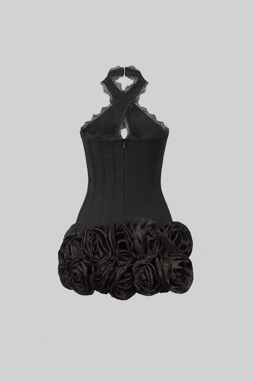 Halter Corset Mini Dress with 3D Rose Hem – Black - View 5