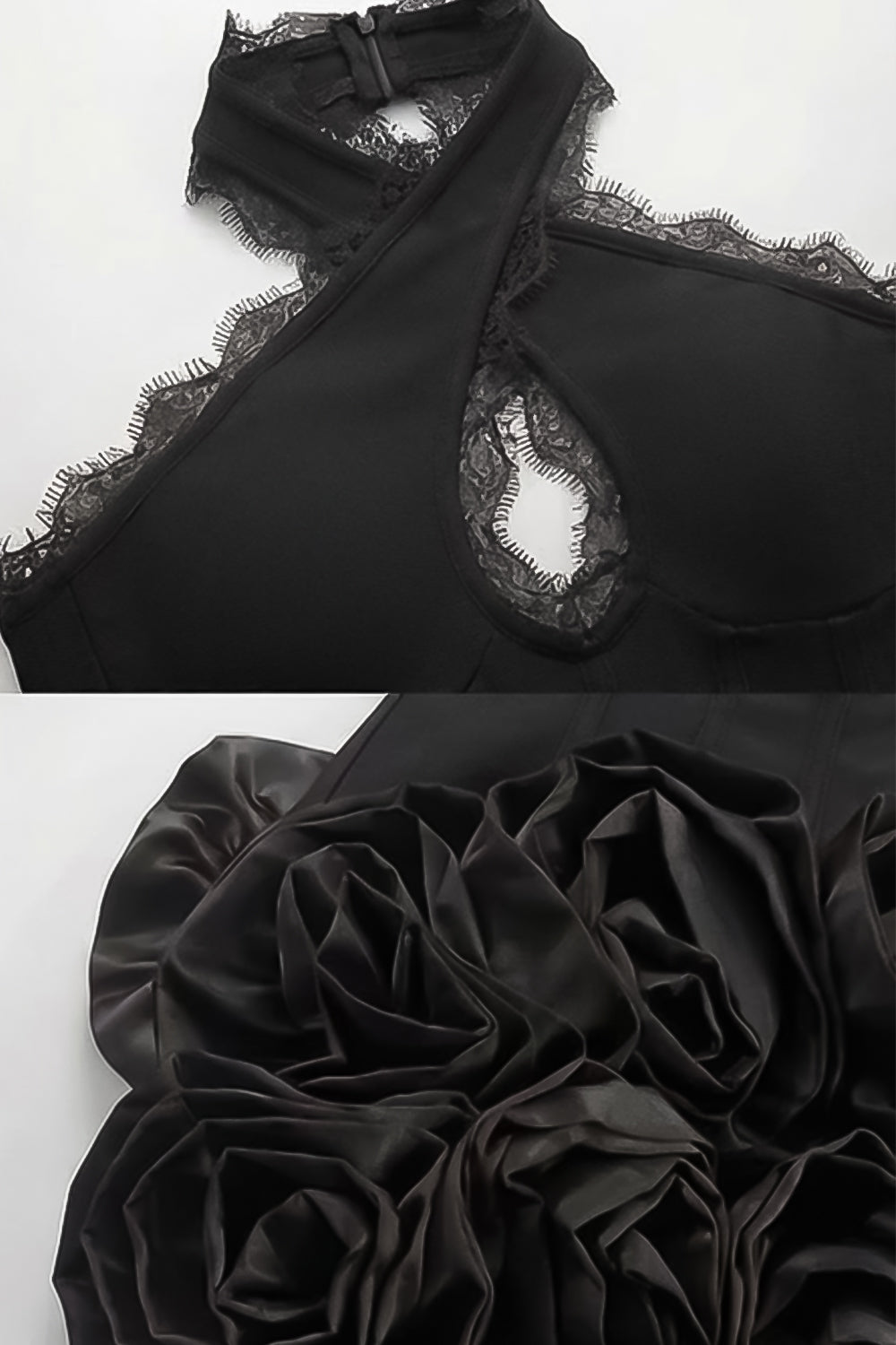 Halter Corset Mini Dress with 3D Rose Hem – Black - View 6