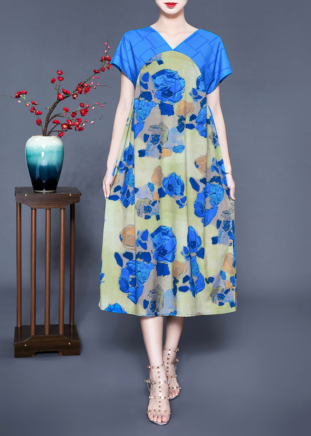 Floral Print Patchwork V-Neck Flutter Sleeve Midi Dress - View 3