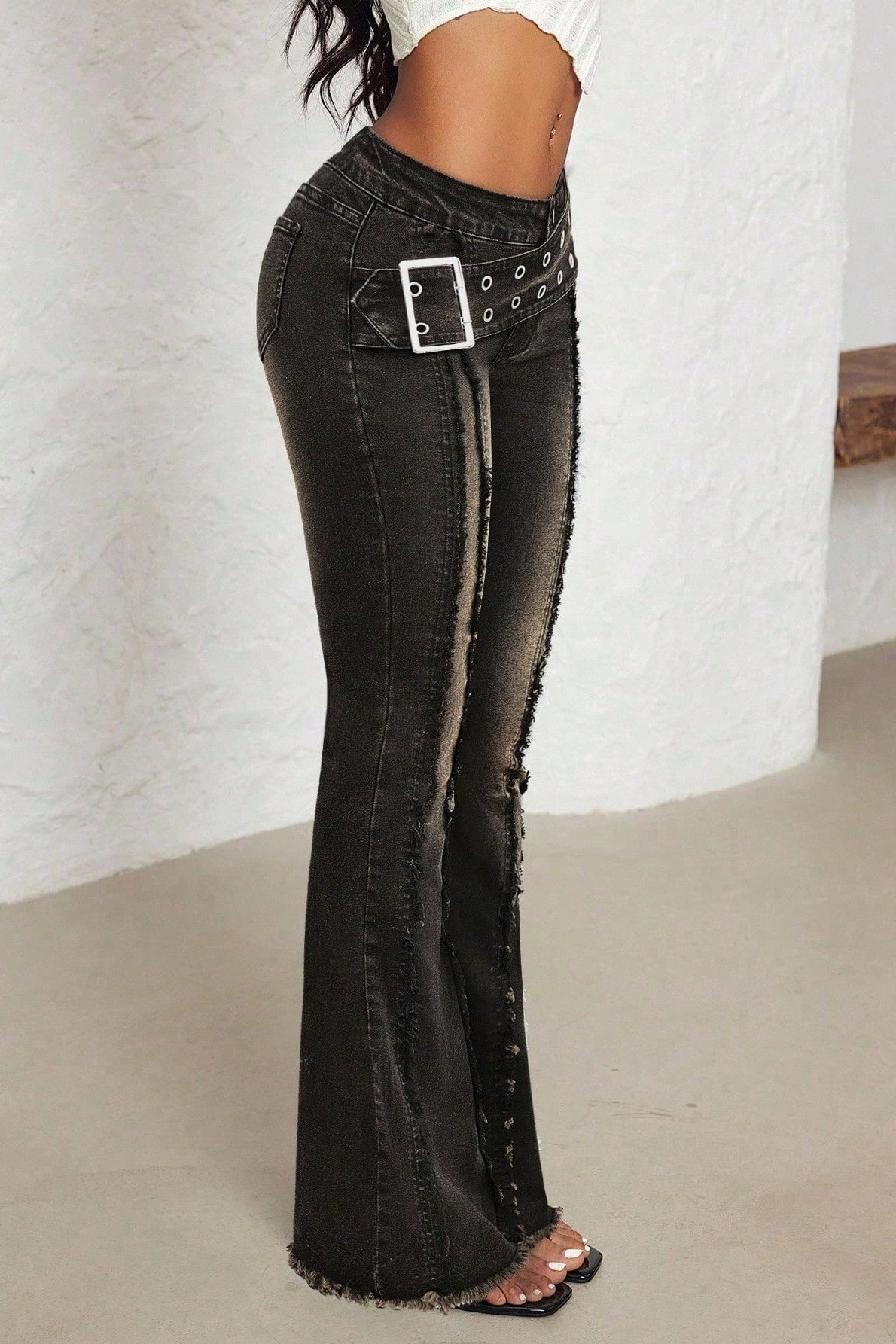 Studded Belt Low Rise Flare Jeans