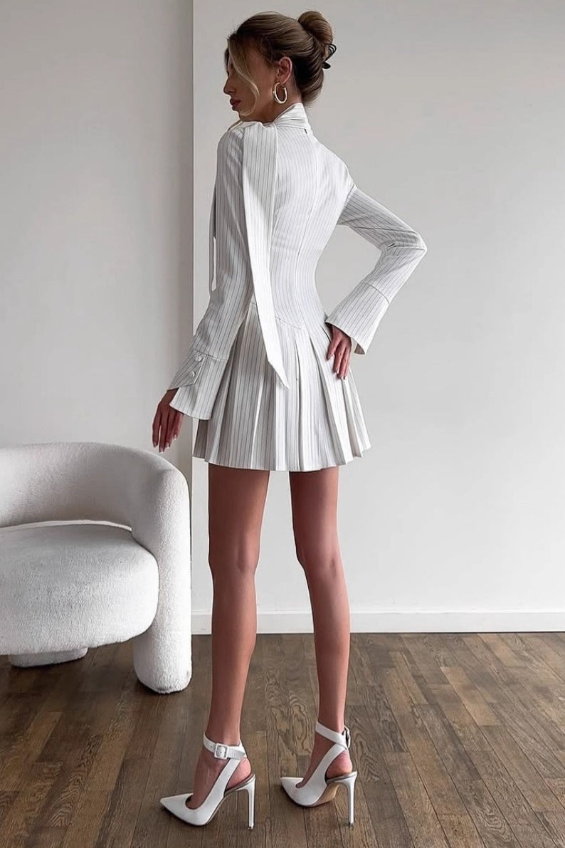 Pinstripe Long Sleeve Button-Front Pleated Mini Dress