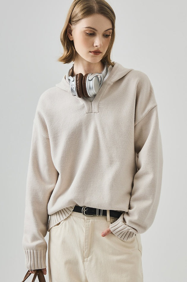 Slouchy V-Neck Hooded Sweater