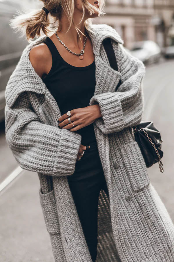 Warm Chunky Knit Oversized Midi Cardigan with Pockets