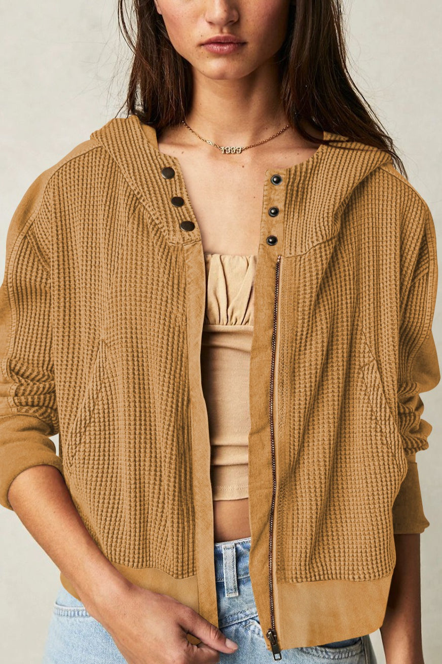 Waffle Texture Zip Front Cropped Hoodie