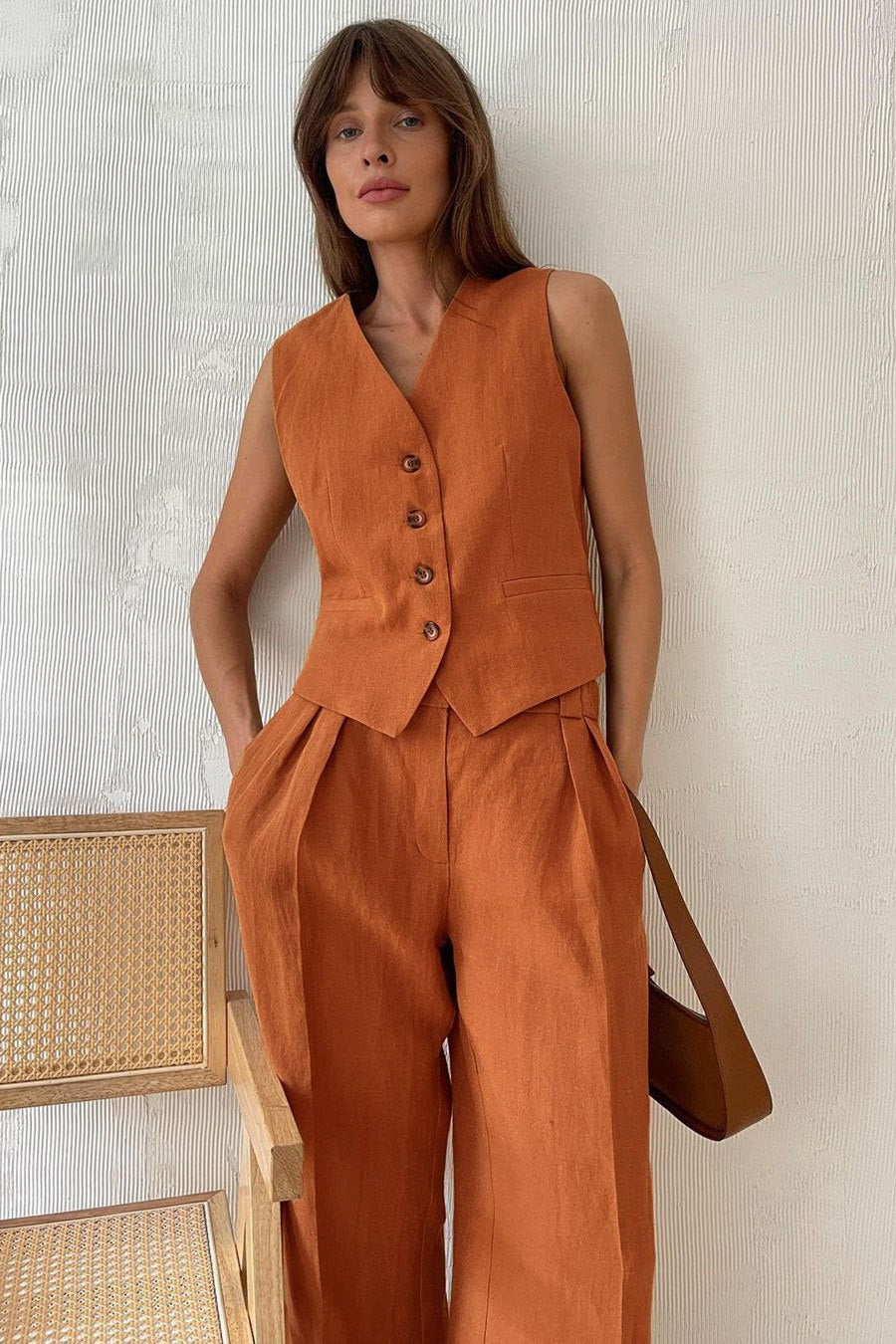 Button Vest Relaxed Low Rise Pants Set