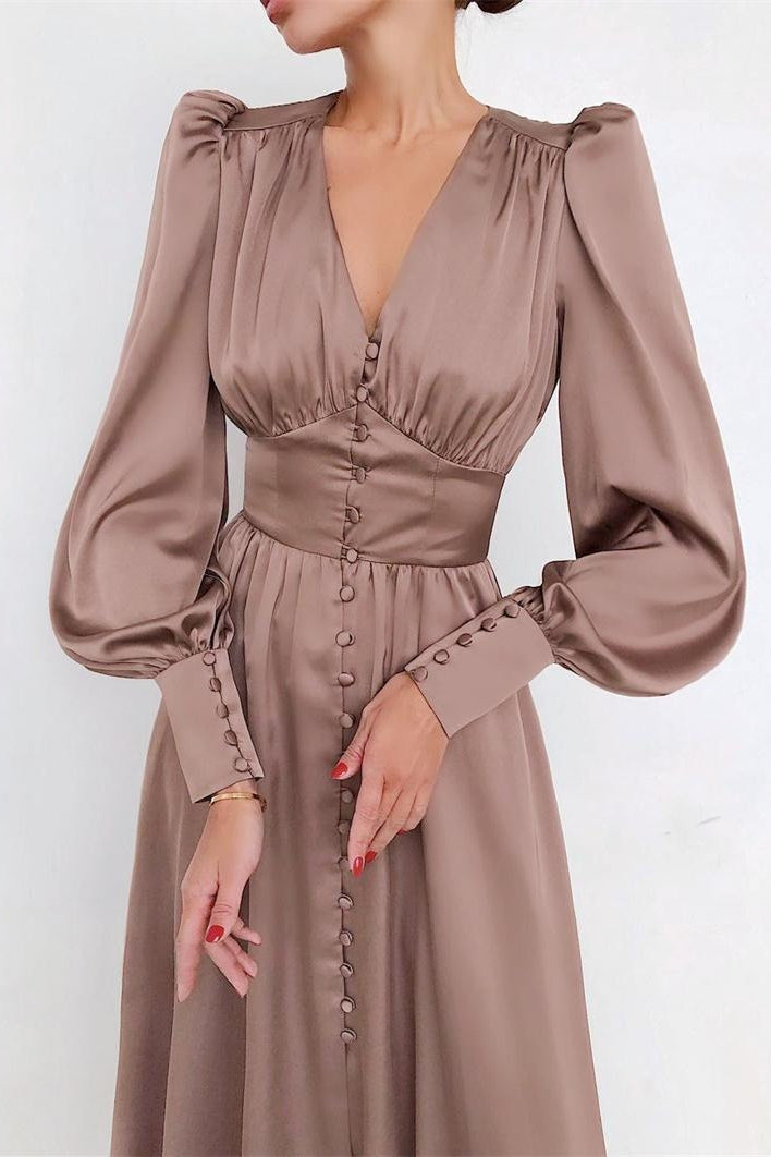 Vintage Satin Puff Sleeve Tailored Midi Dress