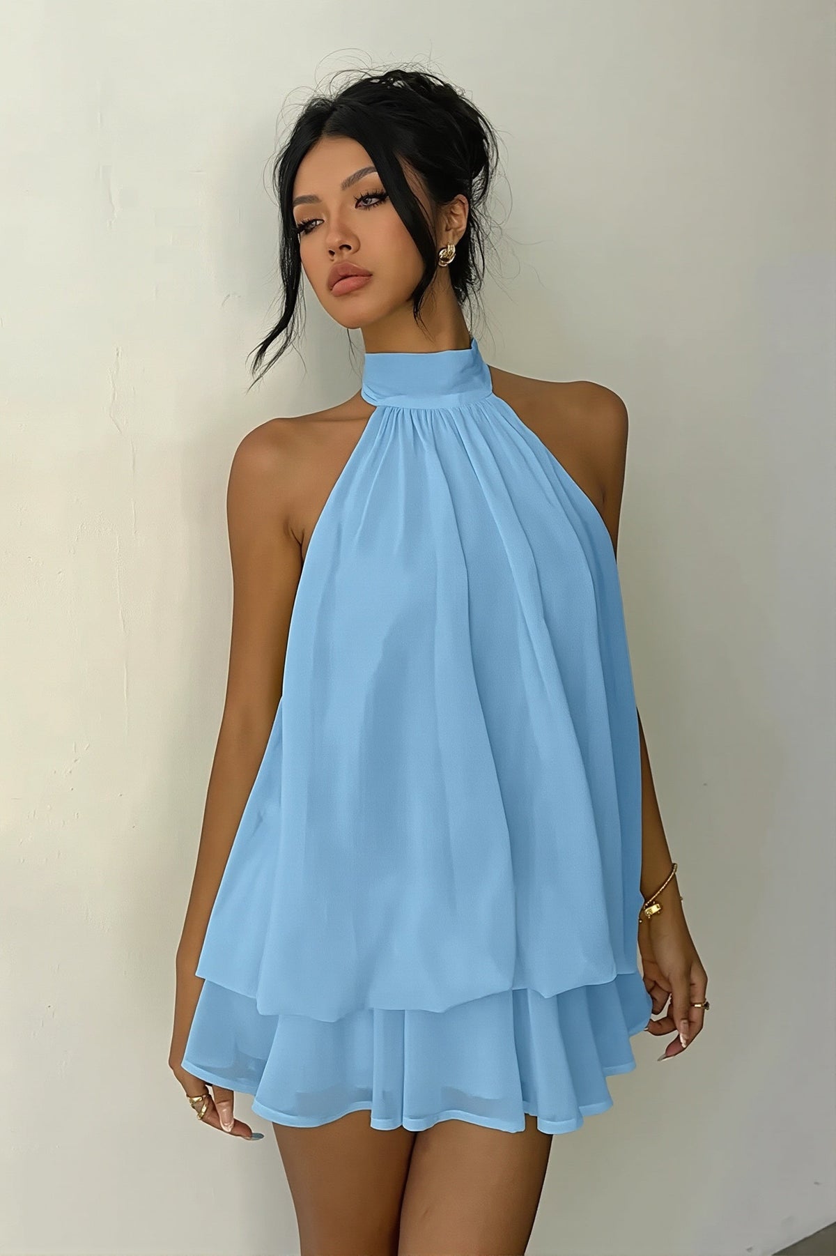 Chiffon Halter Neck Tiered Babydoll Mini Dress