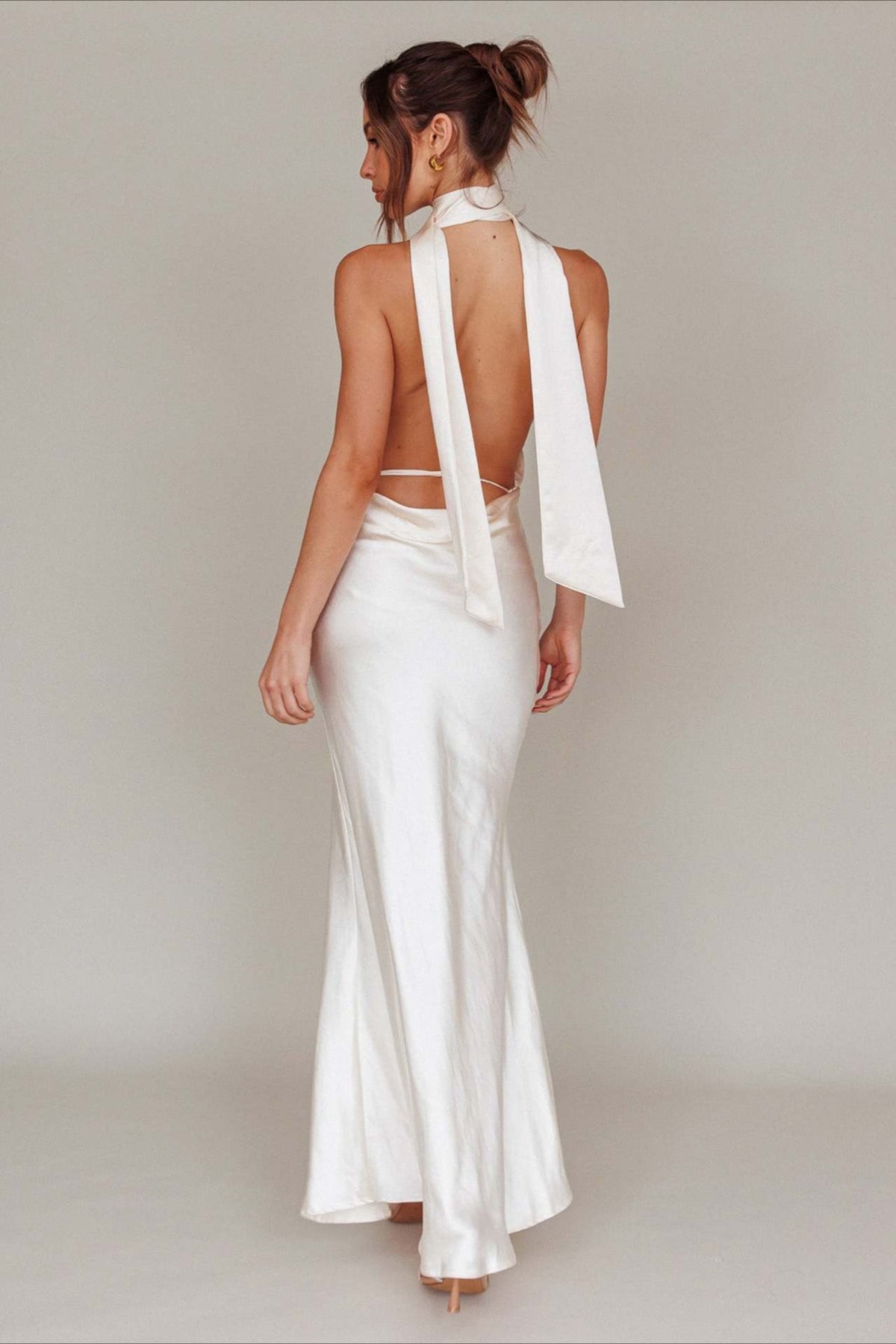 Satin Halter Neck Deep V-Neck Scarf Tie Maxi Gown 4