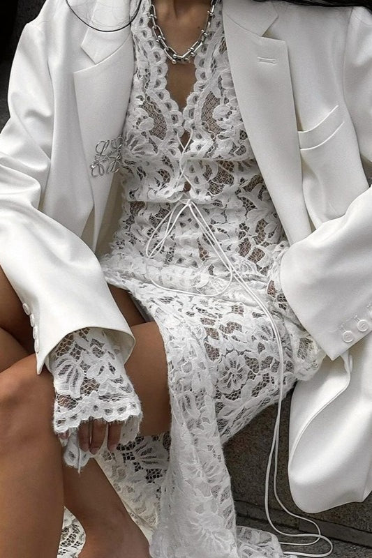 Crochet Lace Up Long Sleeve High Split Maxi Dress