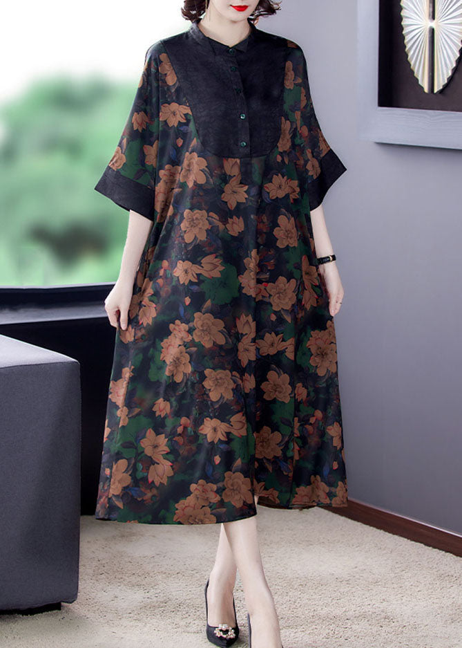 Floral Print Contrast Yoke Button Collar Wide A-Line Midi Dress