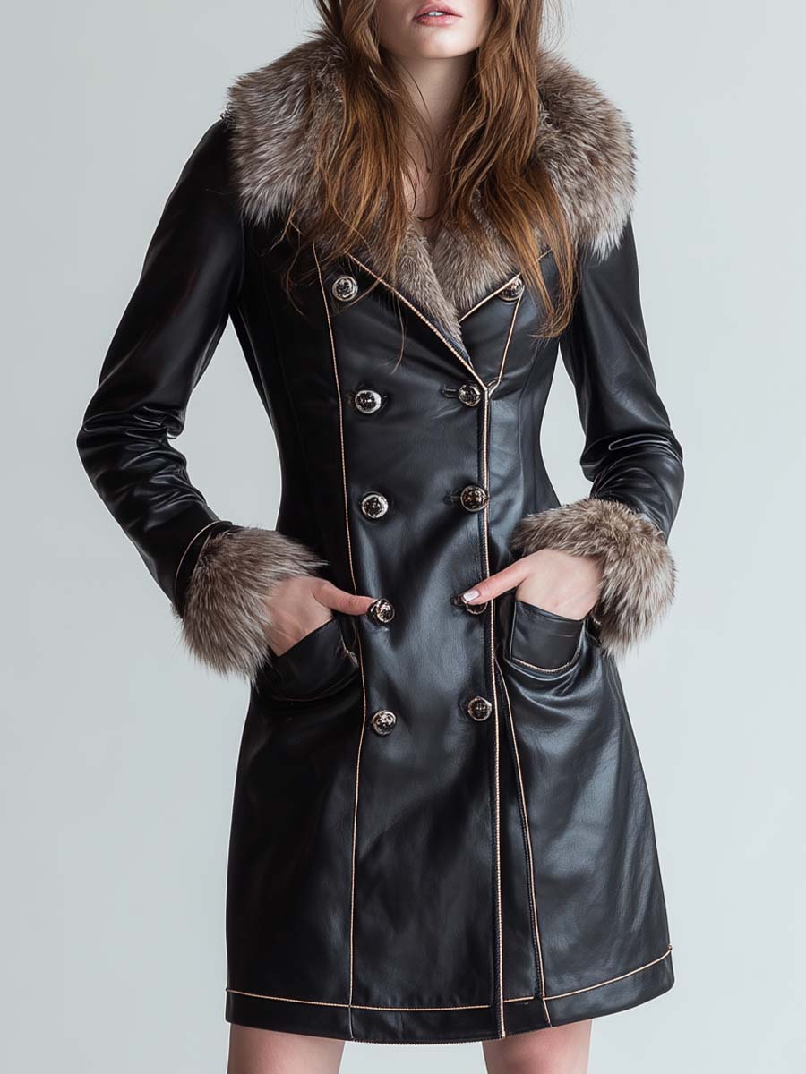 Vintage Black Eco-Leather Fitted Coat With Detachable Faux Fur Collar - Fashionpara
