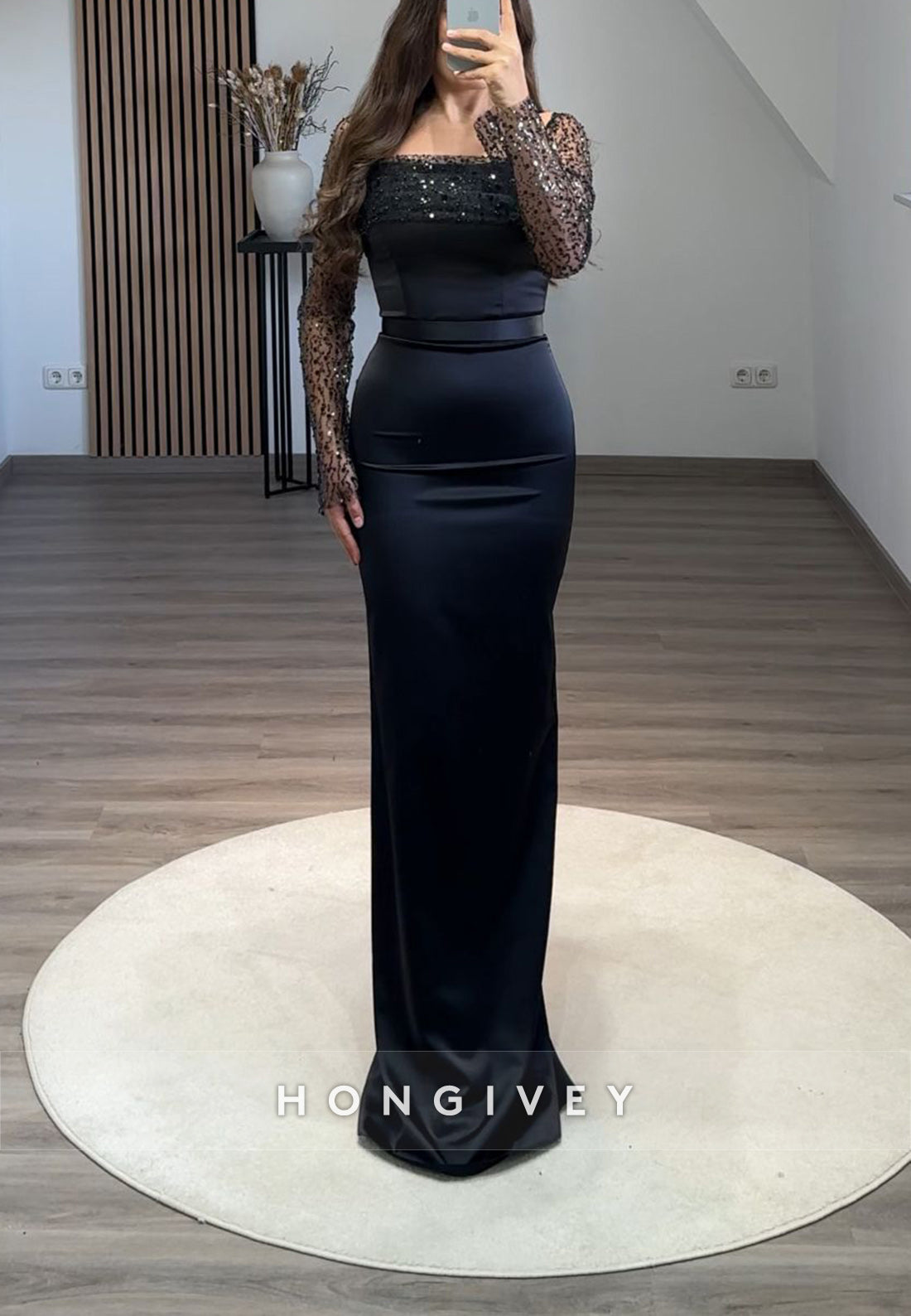 Formal Long Sleeve Sheath Floor-Length Square Appliqued Pleated Evening Gown - Fashionpara