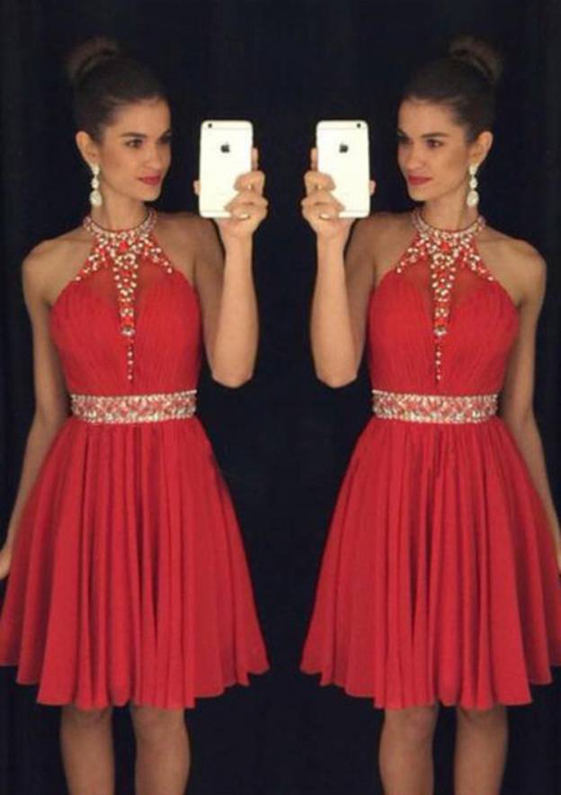 Beaded Elegant A-line/Princess Halter Short Chiffon Cocktail Dress - Fashionpara