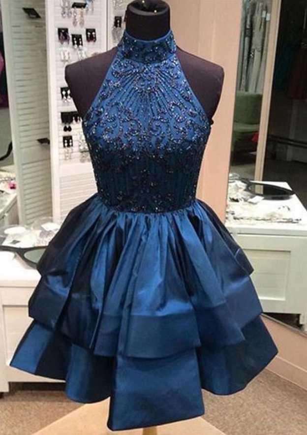 Beaded High-Neck Taffeta Cocktail Dress Ball Gown Short - Fashionpara