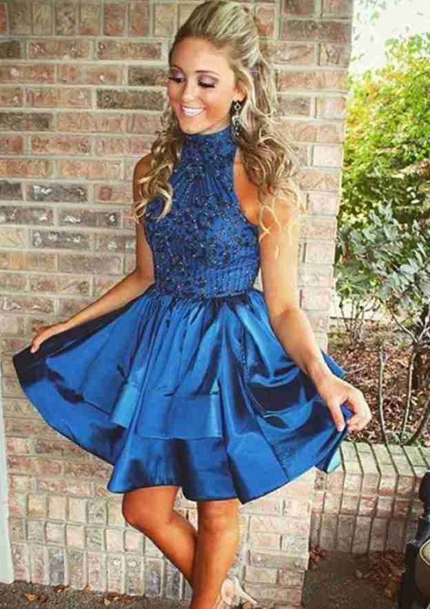 Beaded High-Neck Taffeta Cocktail Dress Ball Gown Short - Fashionpara