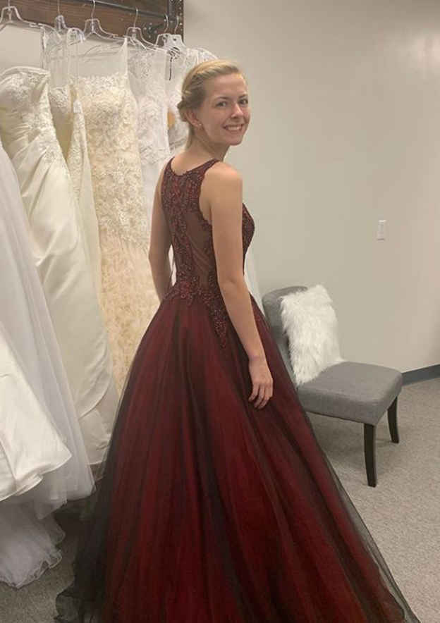Beaded Princess Tulle Prom Dress/Evening Dress with Scoop Neck and Court Train - Fashionpara