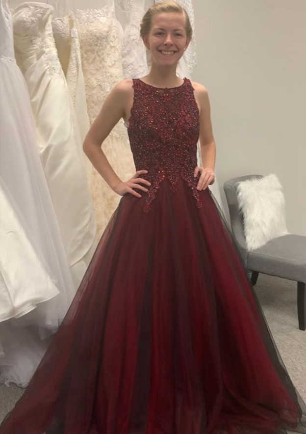 Beaded Princess Tulle Prom Dress/Evening Dress with Scoop Neck and Court Train - Fashionpara