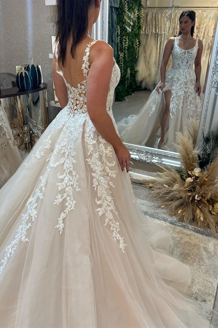 Trendy Long A-Line Floor Length Sleeveless Straps Lace Wedding Dress with Split - Fashionpara
