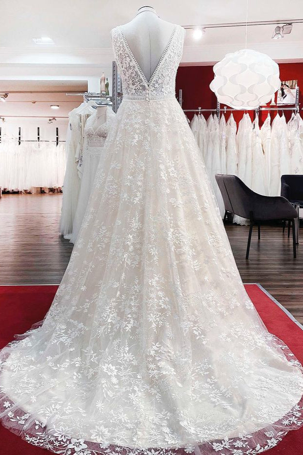 Beautiful Lace Appliques Tulle A-Line Wedding Dresses - Fashionpara