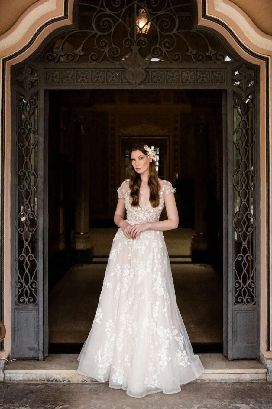 Elegant Long A-line V-neck Wedding Dress with Cap Sleeves and Lace Details - Fashionpara