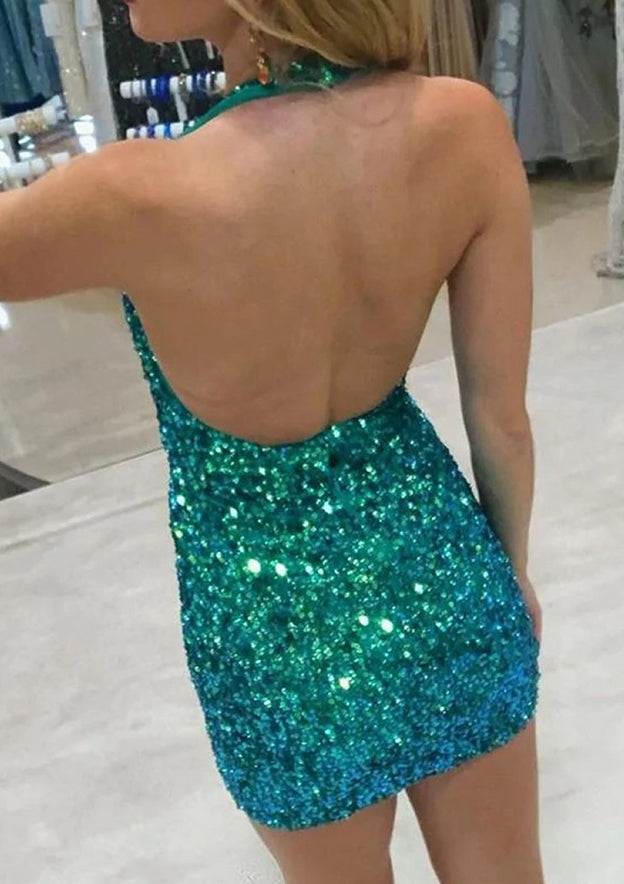 Beautiful Sequined Short Homecoming Dress with Column Halter Sleeveless - Fashionpara
