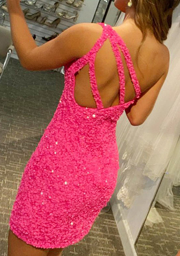 Beautiful Sequined Short Homecoming Dress with One-Shoulder Sleeve - Column - Fashionpara