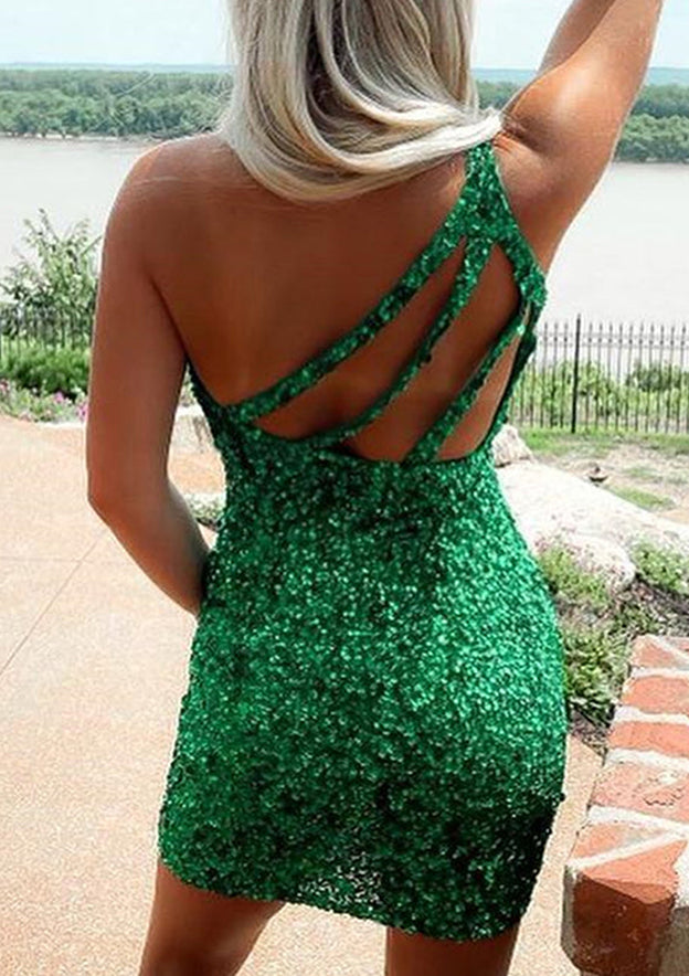 Beautiful Sequined Short Homecoming Dress with One-Shoulder Sleeve - Column - Fashionpara