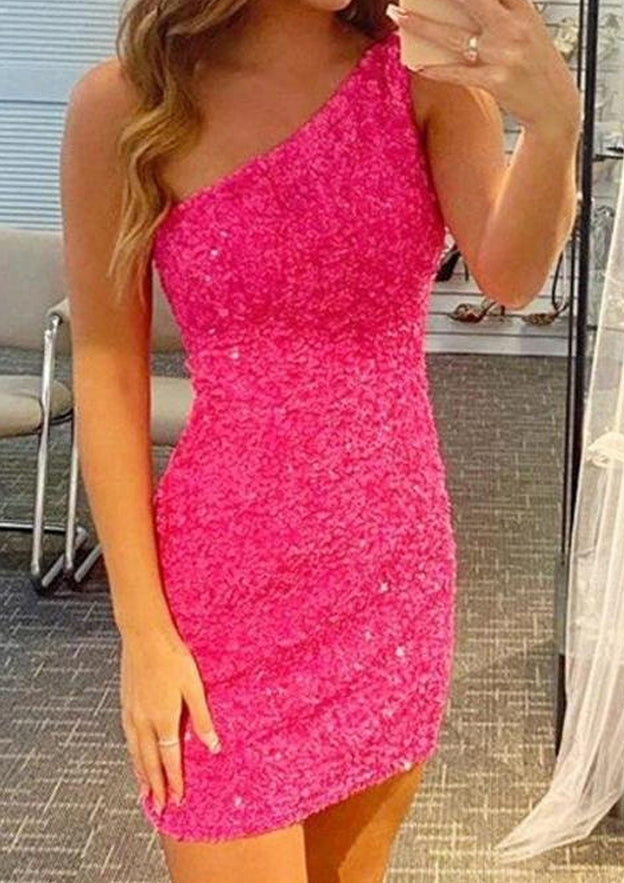 Beautiful Sequined Short Homecoming Dress with One-Shoulder Sleeve - Column - Fashionpara