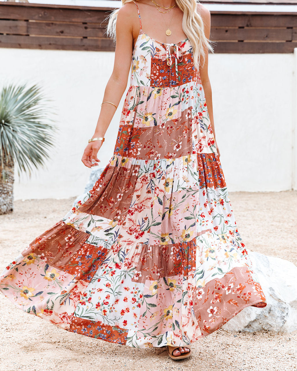 Patchwork Floral Print Tiered Maxi Dress