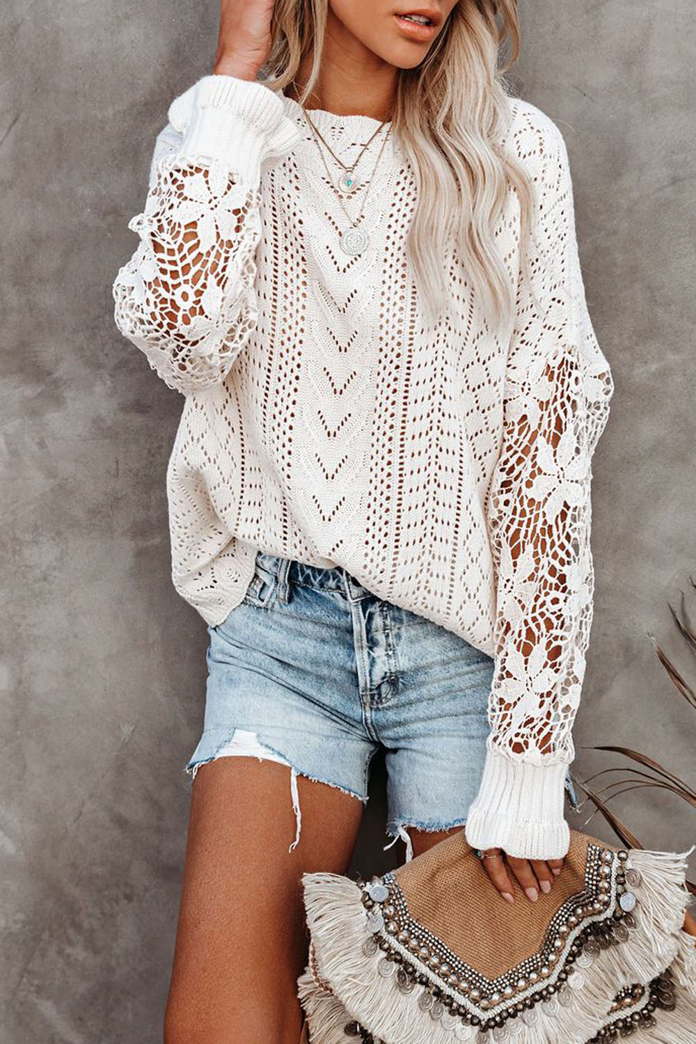 RadyRin Crochet Lace Pointelle Knit Sweater for Elegance