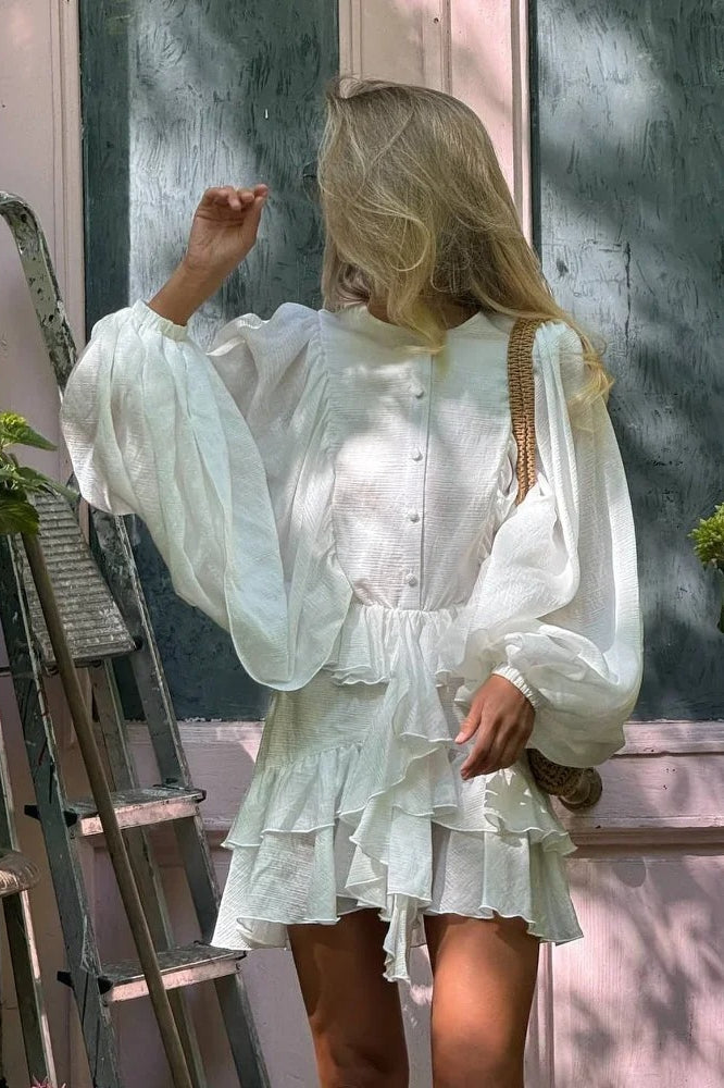 Linen Round Neck Puff Sleeve Ruffle Tiered Mini Dress