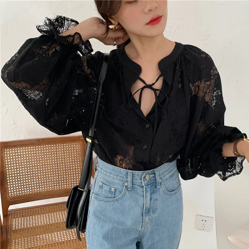 Carved Lantern Long Sleeve Lace Blouse Blusas