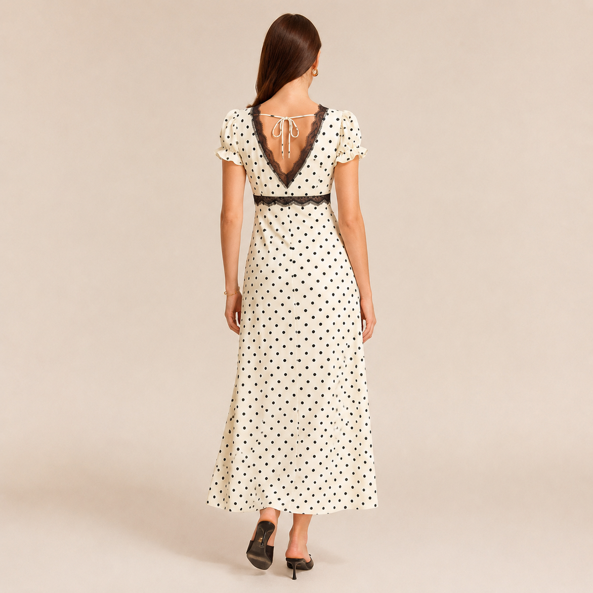 V-Neck Lace Trim Puff Sleeve Polka Dot Maxi Dress 3