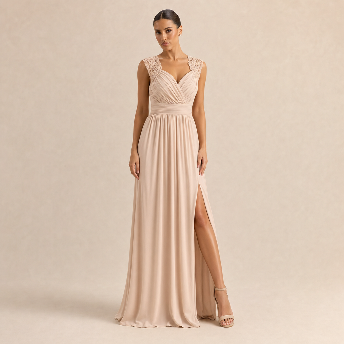 Sweetheart Cap Sleeve High Split Chiffon Maxi Gown 4