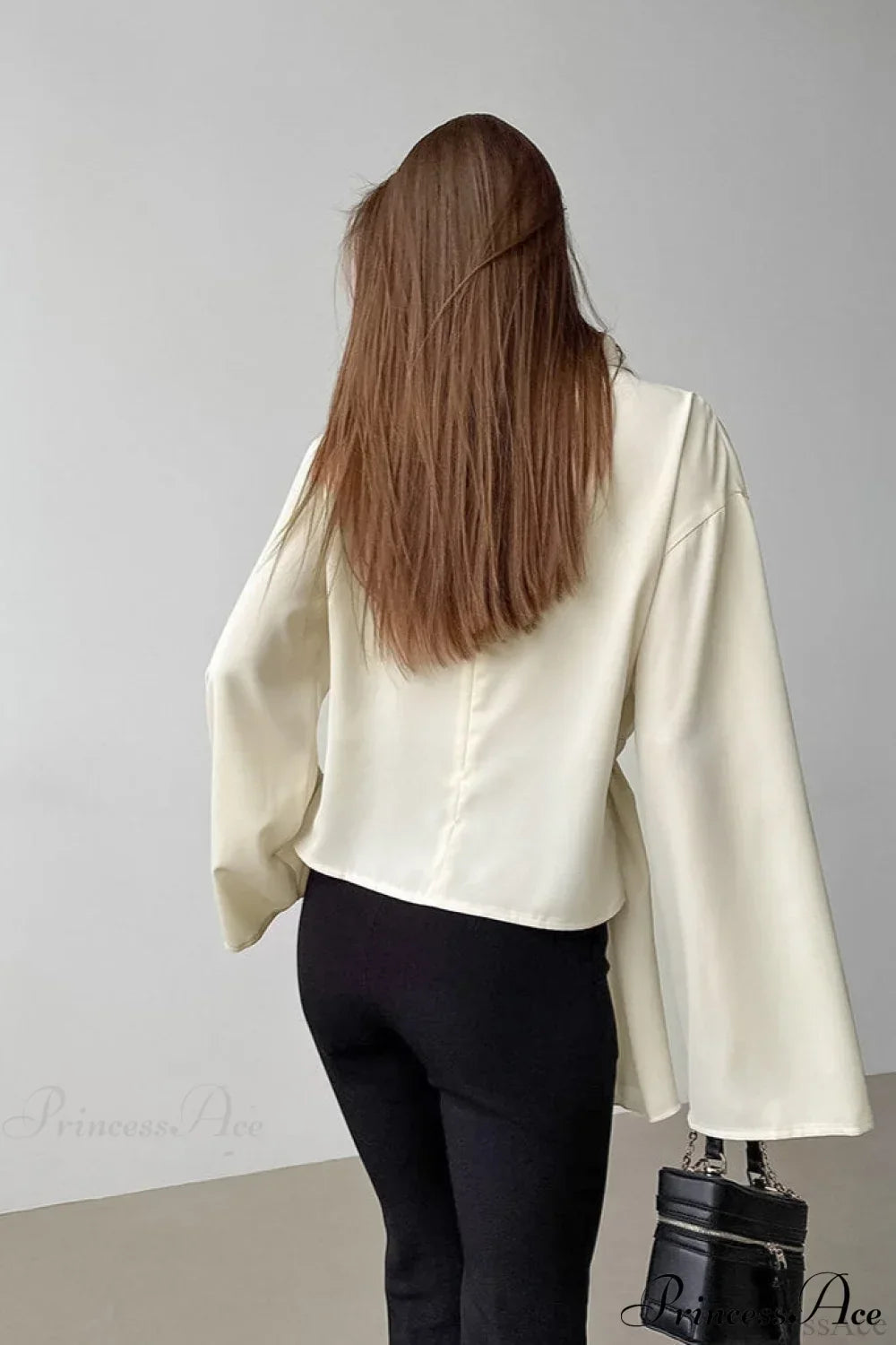 Beige Chiffon Tie Waist Flared Sleeve Blouse