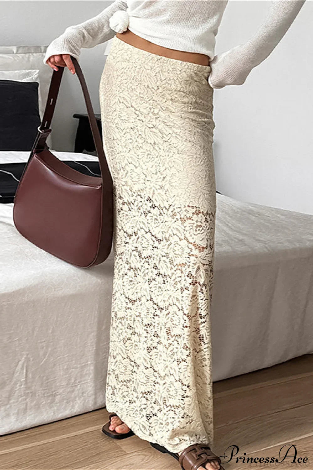 Beige Sheer Lace Brocade Maxi Skirt