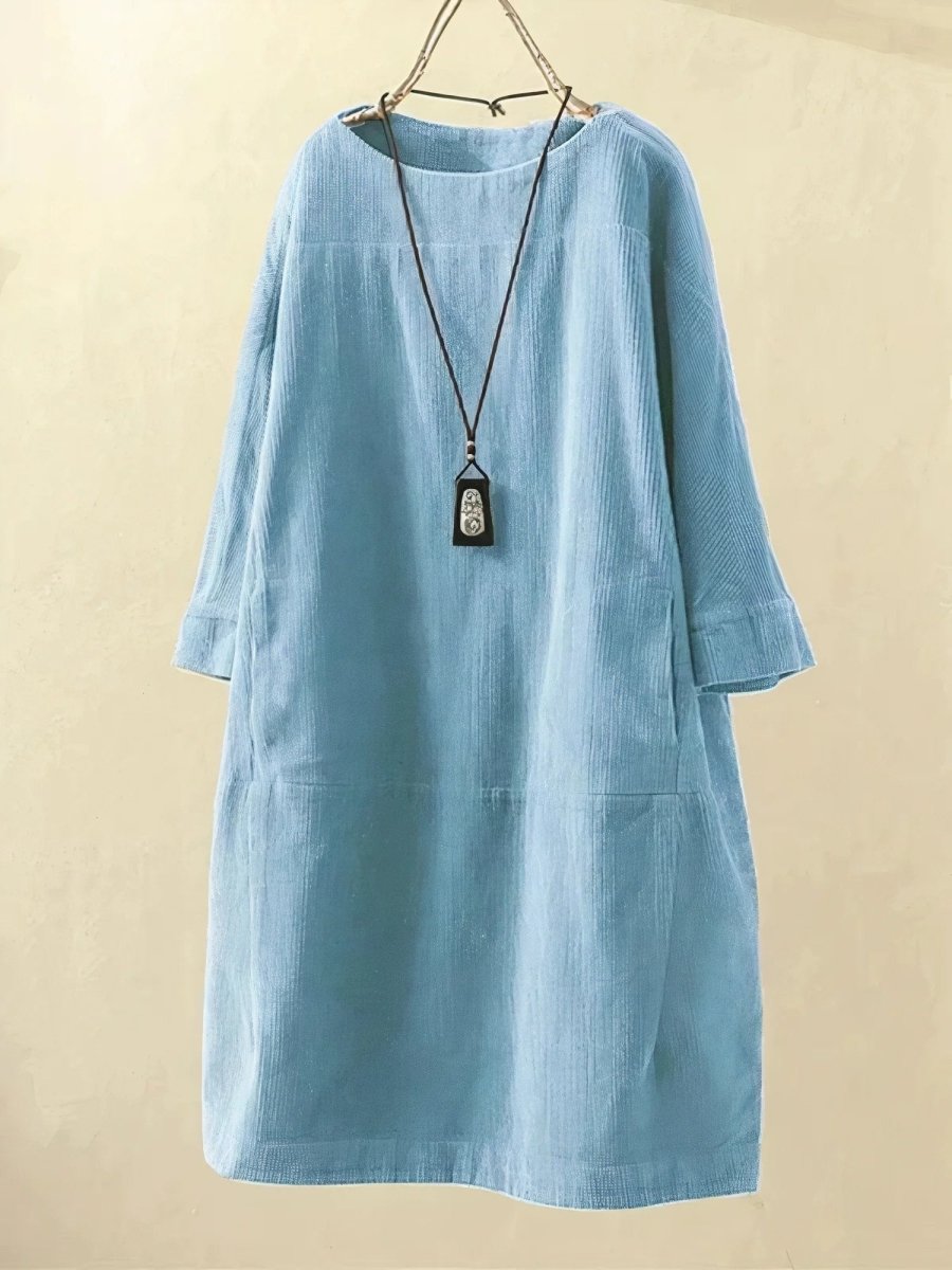 Boat Neck Half Sleeve Corduroy Shift Midi Dress 7