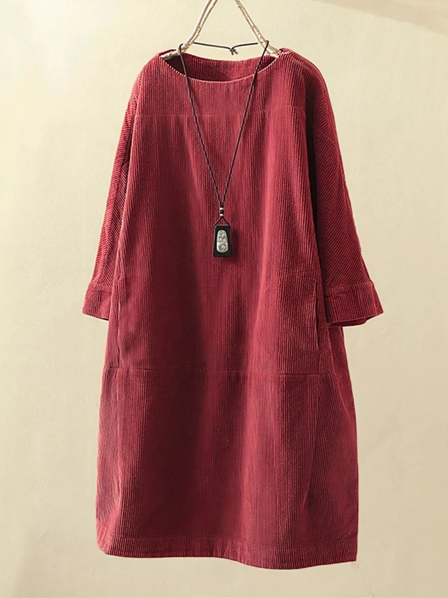 Boat Neck Half Sleeve Corduroy Shift Midi Dress 4