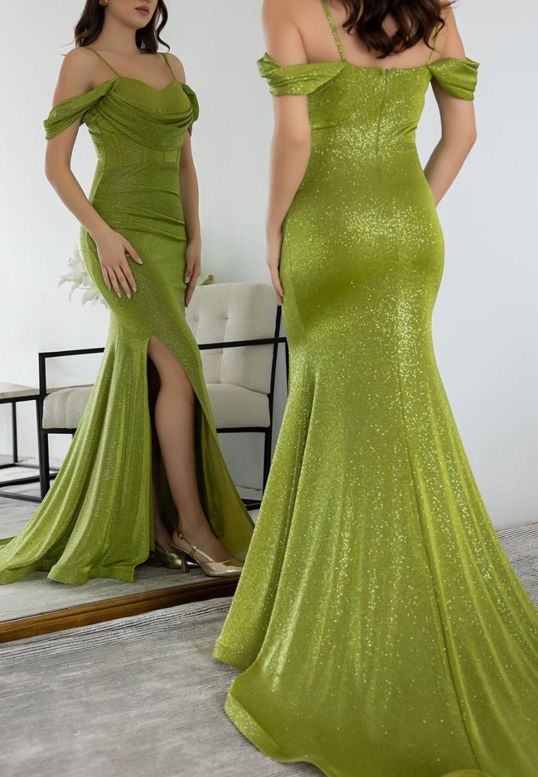 Trumpet Sweep Train Formal Dresses Glitter Spaghetti Straps Pleated Evening Gown
