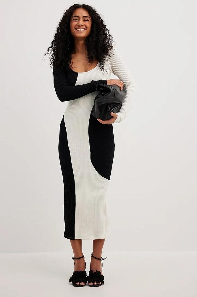 Colorblock Scoop Neck Long Sleeve Ribbed Knit Bodycon Midi Dress