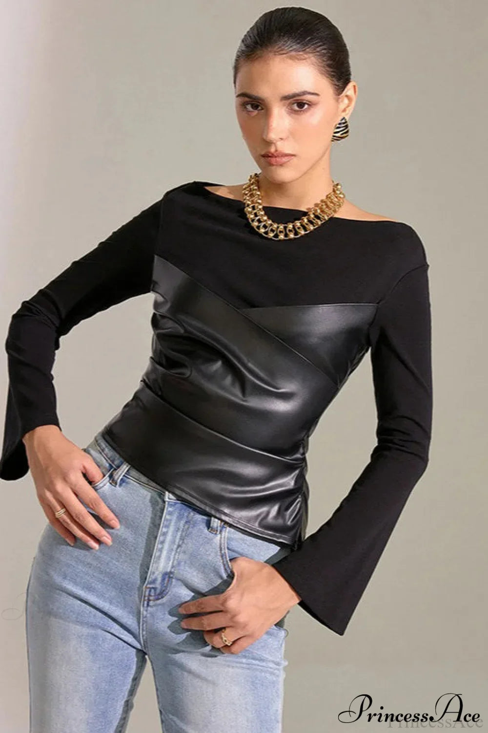 Bell-Sleeve Faux Leather Trim Solid Knit Top