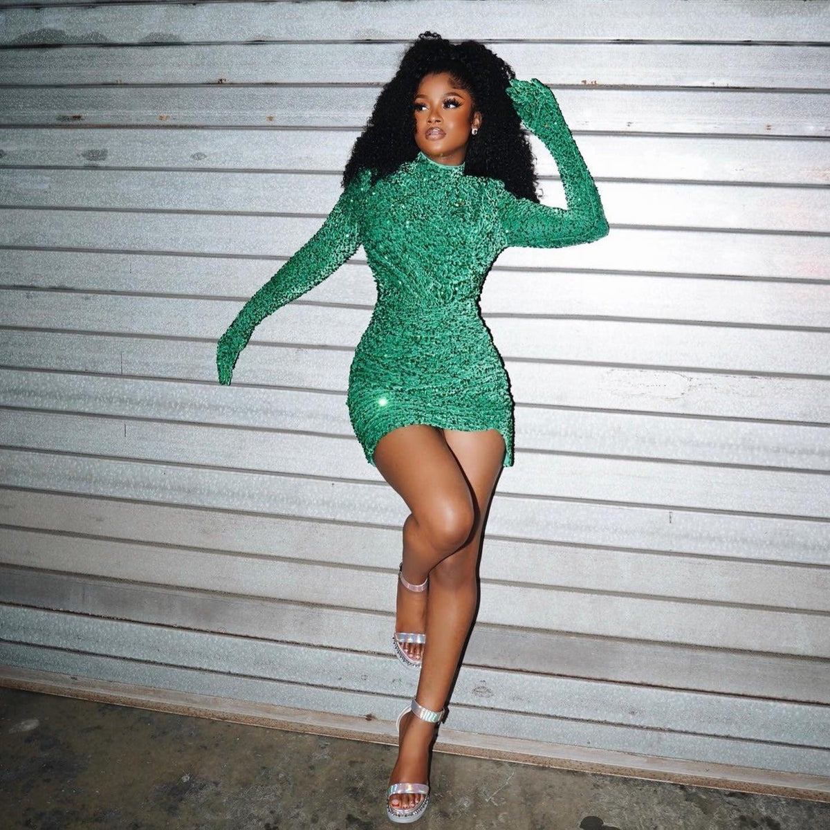 Sequin High Neck Long Sleeve Ruched Bodycon Mini Party Dress