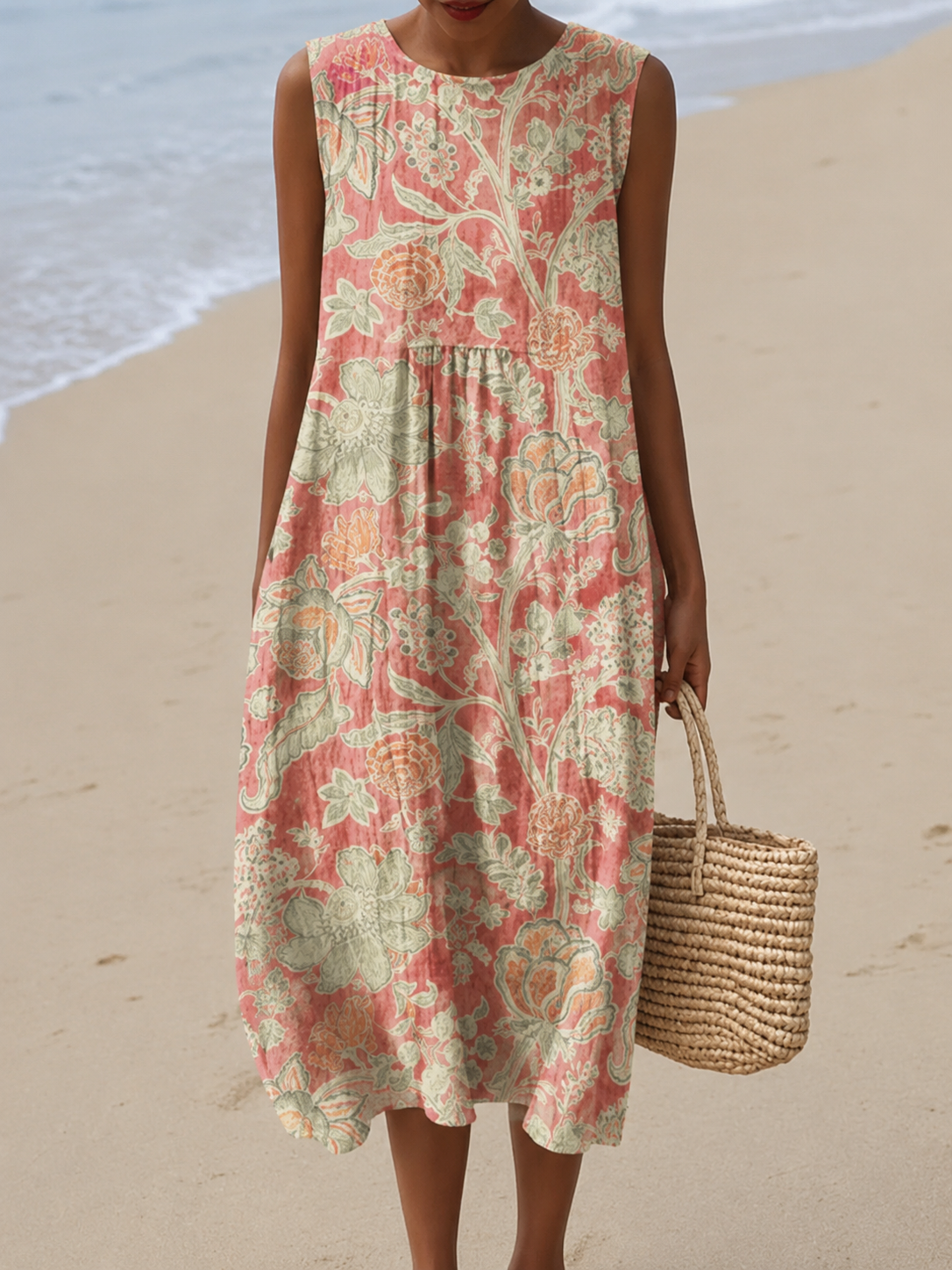 Botanical Floral Print Crew Neck Sleeveless Midi Dress