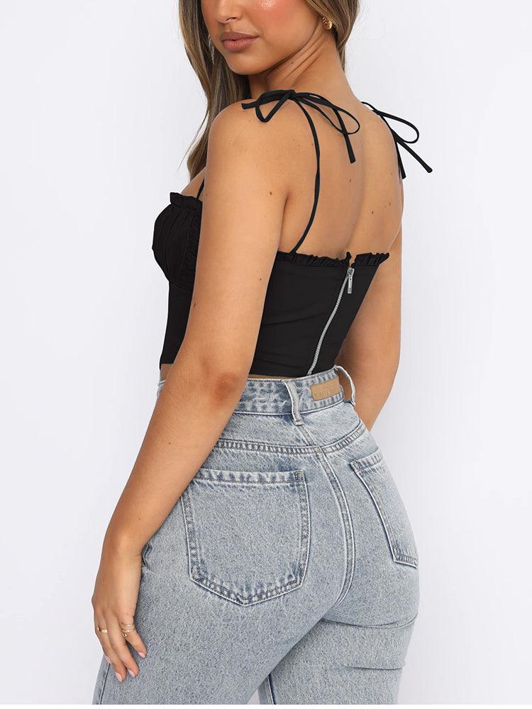 KittenAlarm - Betty Spaghetti Strap Pleated Cropped Corset Top