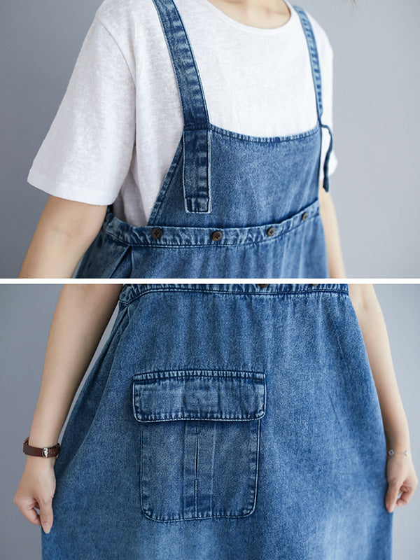 Denim Bib Strap Cargo Pocket Loose Fit Midi Overall Dress - View 9