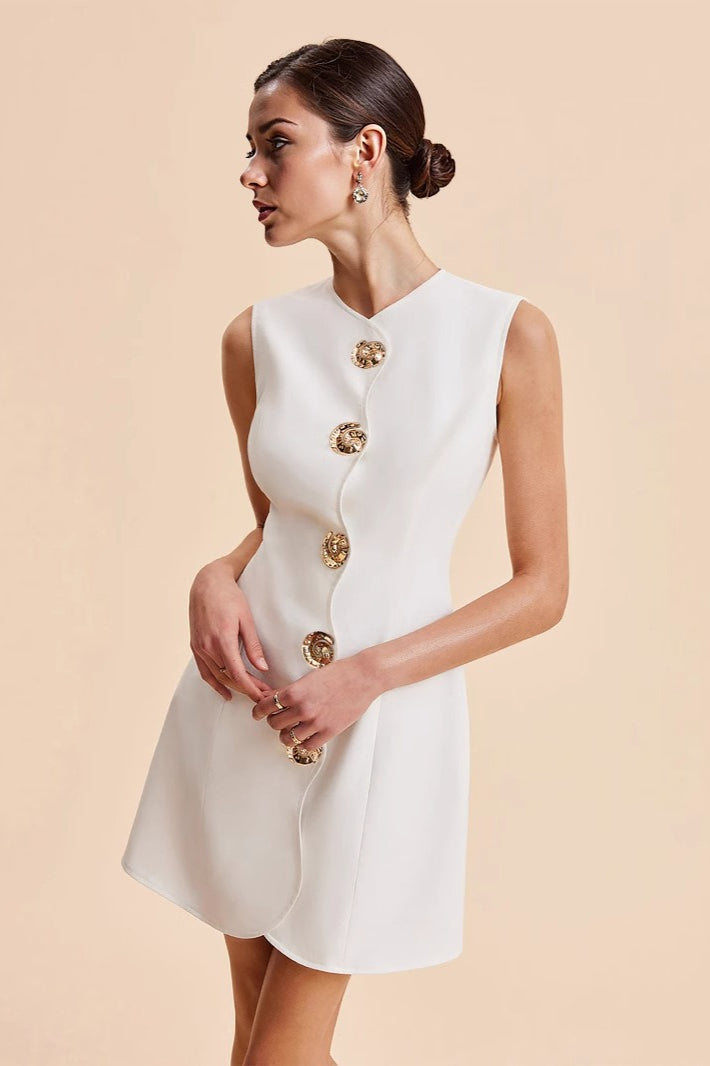 Scallop-Trim Round-Neck Sleeveless Button-Front A-Line Mini Dress