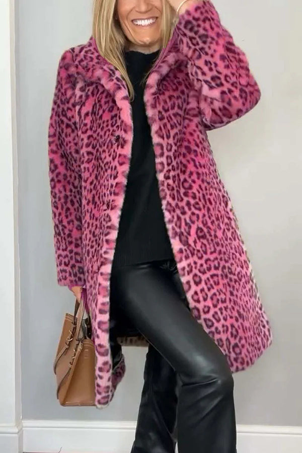 Lapel Leopard Print Plush Coat for Elegant Mid-Length Style