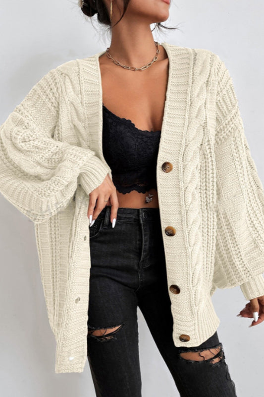 Vintage Cable Knit V-Neck Cardigan with Balloon Sleeves
