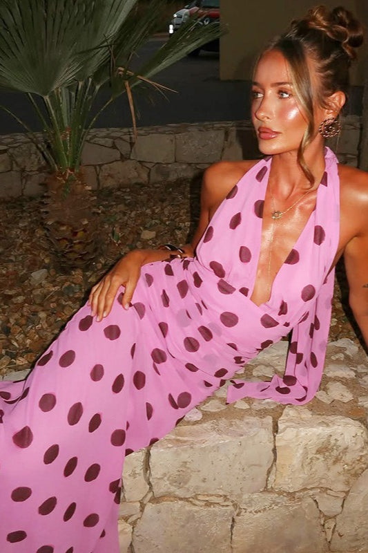 Vintage Polka Dot Halter V-neck Maxi Dress